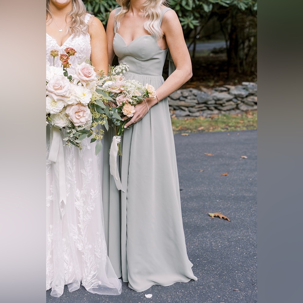 Revelry Serendipity Dress in ‘Silver Sage’ Chiffon - Straps Altered; 5’7” Hem